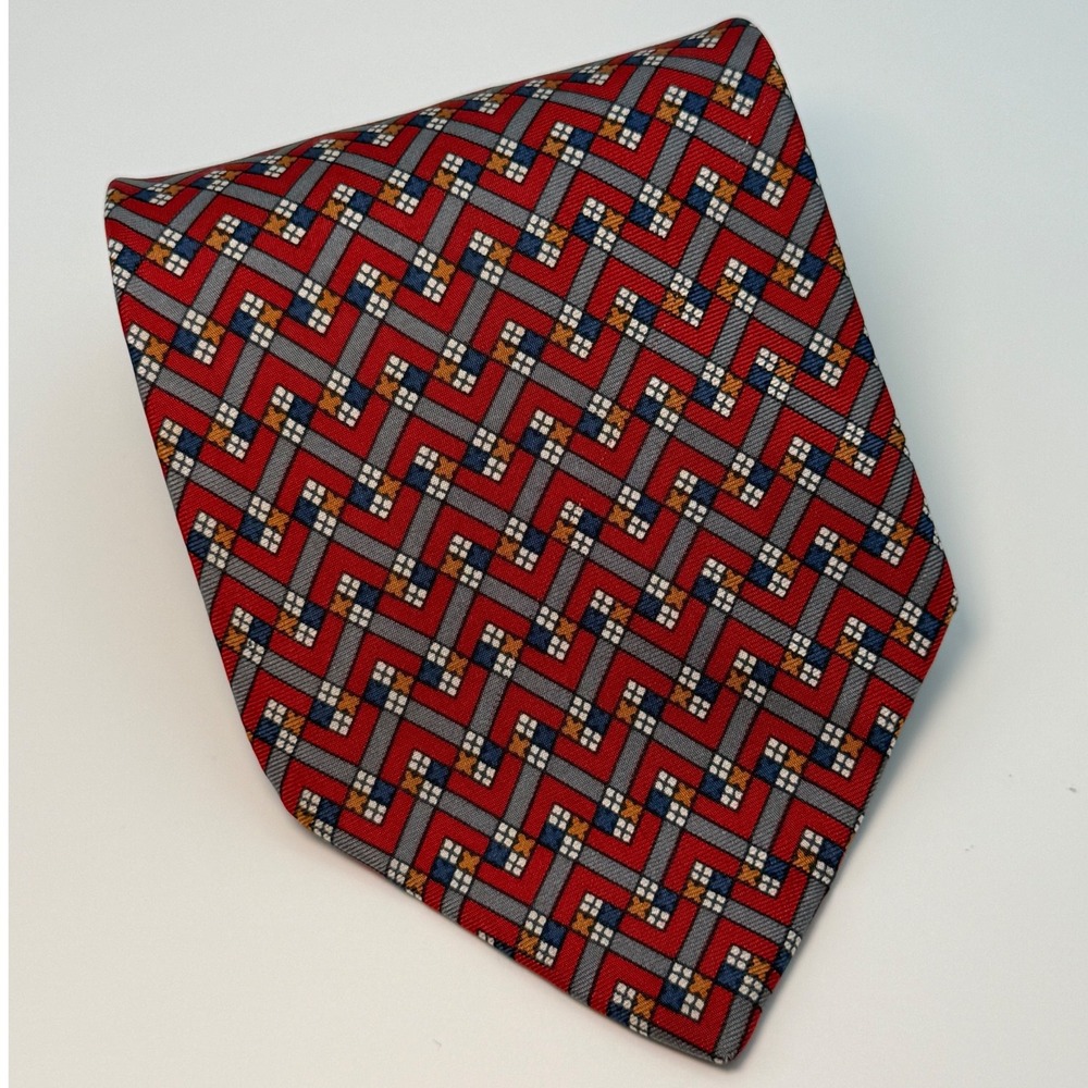 MBP Silk Tie OS Red Grey Blue Geometric Zig Zag Business Professional Classic